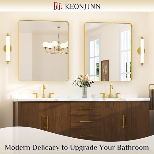 Keonjinn 30 x 36 Inch Brushed Gold Bathroom Vanity Mirror, Aluminum Frame - Image 2