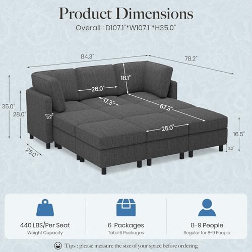 Belffin 84.3" 9 Seats Sleeper Sofa Modular Sectional Sofa Washable Sectional Couches for Living Room Comfy Couches with Storage Seat Couch Sofas with Chaise,Dark Grey - Image 2