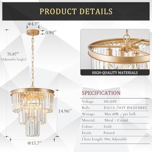 CATINER 16" Modern Crystal Chandeliers,6 Lights Gold Round Light Fixture - Image 2
