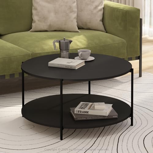 Furinno BESI 2-Tier Round Modern Coffee Table with Metal Legs, Americano - Image 2