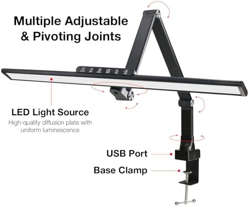 EXCELLO GLOBAL PRODUCTS Wellness Series 6-Touch Adjustable Clamp-On LED Desk Lamp, Space-Saving Dimmable Task Light for Office & Workbench, 17.5", Black - Image 3