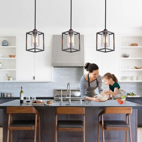 3 Pack Stem Rod Black Pendant Lights for Kitchen Island Industrial Lantern Pendant Light Fixtures with Clear Glass Shade, Farmhouse Adjustable Height Hanging Pendant Lighting - Image 2
