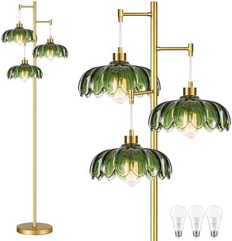 QIYIZM Glass Floor Lamp for Living Room,Bedroom,Mid Century Modern Standing Lamp Brass Tree 3 Light Tall Floor Lamps Vintage Retro Floor Lights Gold Green Flower Lamp Shade Farmhouse Boho Bohemian by QIYIZM