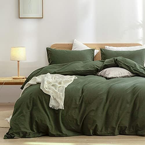 BESTOUCH Cotton Solid Duvet Cover Set Linen Feel Olive Green Alaska King by BESTOUCH