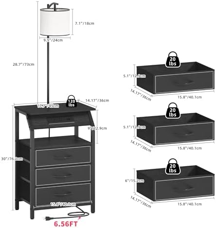 End Table with Floor Lamp Set of 2, Nightstand with Charging Station, Floor Lamp Table with 3-Color Temperature Bulb, Bedside Table Night Stand with 3 Drawers for Bedroom, Living Room, Black - Image 2
