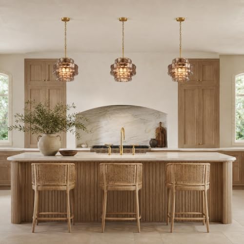 12.5-Inch Smoked Glass Pendant Light, 3-Light Brass Kitchen Island Pendant - Image 3