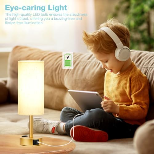 Fenmzee Gold Bedside Lamp for Bedroom, Dimmable Touch, USB A+C, AC Outlet - Image 4