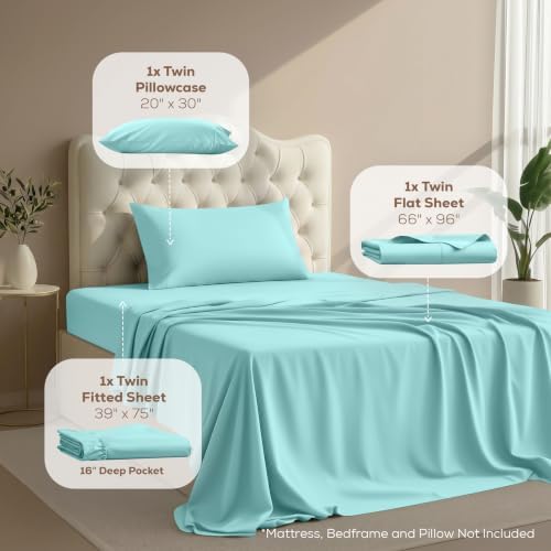 Twin Sheets Set, 3 Pieces 16" Deep Pocket Hotel Luxury Bed Sheets, Spa Blue - Image 2
