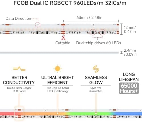 BTF-LIGHTING 16.4FT WS2811 Dual IC Chasing RGBCCT DC24V COB LED Strip Light - Image 5
