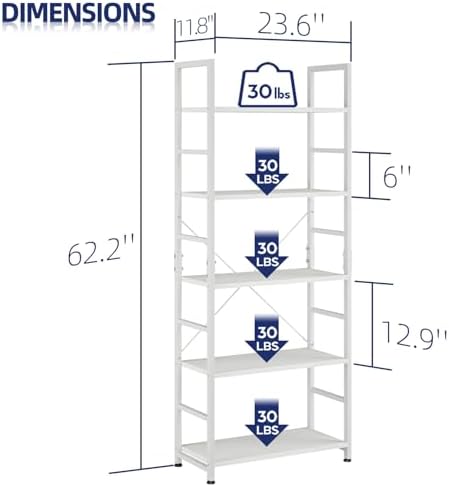 NUMENN 5 Tier Bookshelf, Tall Freestanding Open Storage Bookcase, White - Image 3