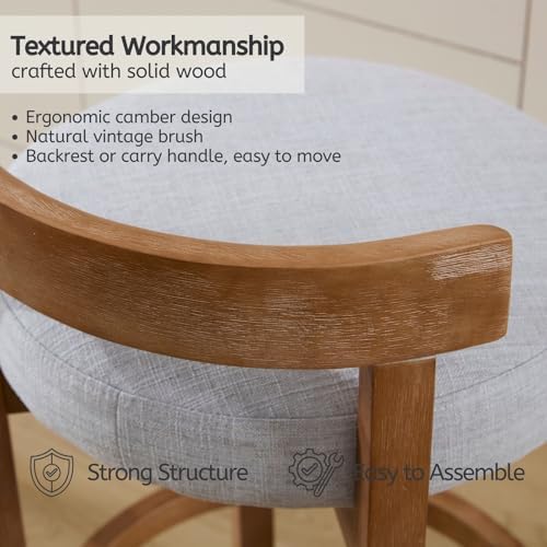 LukeAlon Mid Century Linen Counter Stools Set of 4, Upholstered 26.5" Seat Height Low Barstools with Natural Wood Legs Round Low Back Kitchen Stool with Footrest for Dining Room Pub Island, Light Grey - Image 5