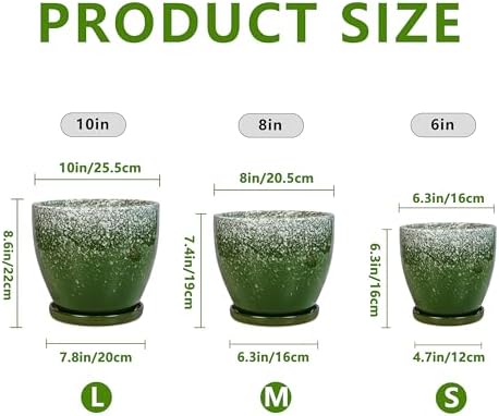 Ceramic Planters 3 Pack - 10 Inch 8 Inch 6 Inch Plant Pots for Indoor Outdoor, Round Decorative Flower Pots with Drainage Holes and Saucers, Garden Home Decor, Gift for Women Men, Green - Image 3