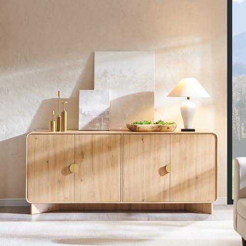 IFGET 70" Modern TV Stand with Storage, Wood Curved TV Console, Natural Oak - Image 3