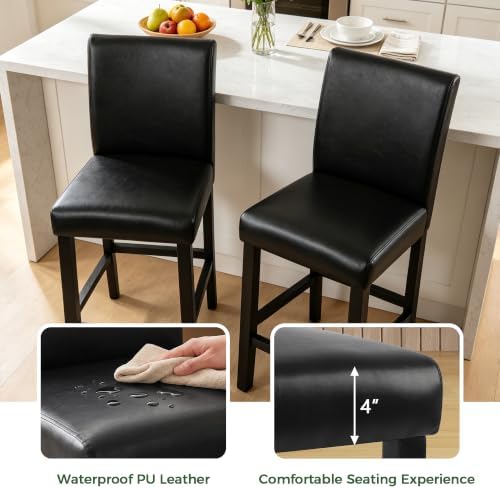 LSSPAID Counter Height Bar Stools Set of 4, 25 Inch Upholstered PU Leather Barstools, Modern Kitchen Island Chairs with Backrest and Solid Wood Legs, Black - Image 5