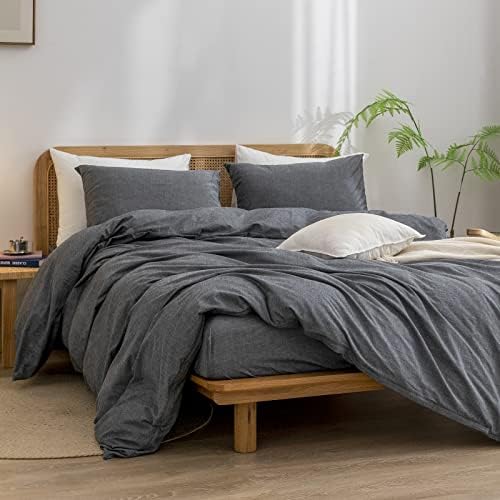 BESTOUCH Cotton Solid Duvet Cover Set Linen Feel Dark Black Queen - Image 4