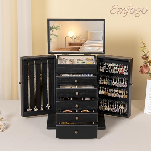 Emfogo Wooden Jewelry Box for Women, 6-Tier Large Jewelry Organizer Boxes with Mirror Rustic Solid Wood jewlery Storage for Rings Earrings Necklaces Bracelets watches(Black) - Image 3
