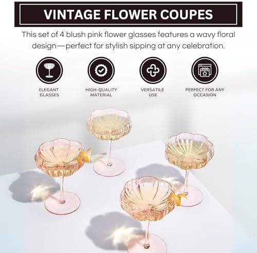 Khen Flower Modern Wavy Glass Coupes Martini, Champagne & Cocktail Coupes - Set of 4-7.7oz Colorful Cocktail Glasses for Prosecco, Mimosa - Blush Pink - Image 6