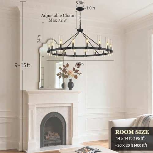 Black Wagon Wheel Chandelier, 48" Modern Chandeliers with Glass Shade, 16-Light Large Chandelier for High Ceiling, Farmhouse Chandeliers for Dining Room, Living Room, Foyer, Stairway(Bulbs Included) - Image 2