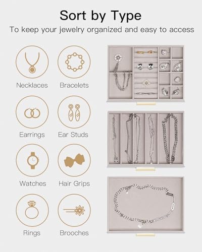 VLANDO Jewelry Box for Women, Glass Lid Jewelry Organizer with 3 Drawers for Necklaces Rings Earrings Bracelets - Grey - Image 3
