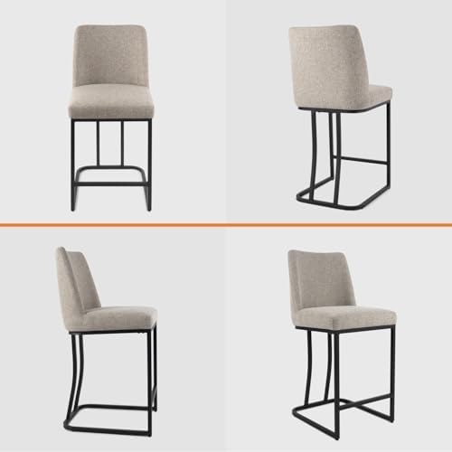 Counter Height Bar Stools Set of 2, 24 Inch Seat Height Bar Chairs for Kitchen Island, Linen Fabric Upholstered Barstools with Metal Feet for Dining Room, Sand Color - Image 6