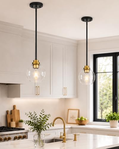Pendant Lights Kitchen Island, 7" Black and Gold Hanging Lights Fixtures with Clear Glass Globe Shade, Modern Kitchen Island Lighting for Bathroom, AD-22280-1P-KG - Image 7