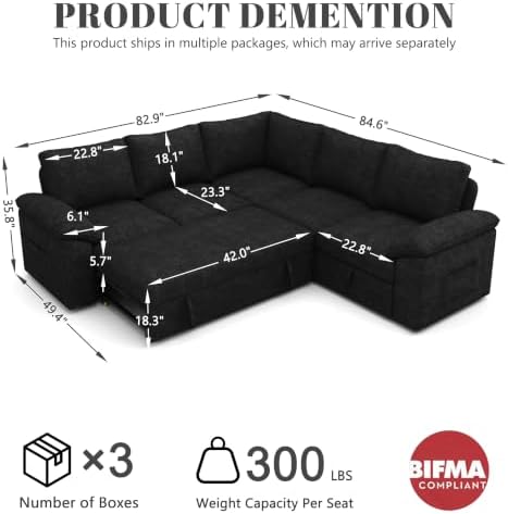 85'' Modular Sectional Sofa with Pull Out Bed, Sleeper Sofa, Black - Image 3