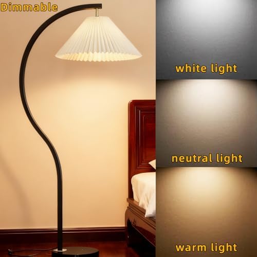 MIXL-Modern Black Arc Floor Lamp,1-Lights Curved Standing Lamp with Rotatable Pleated Fabric Shade,3-Colors Dimmable Bedroom Floor Lights, Indoor Arched Standing Light for Living Room Corner Office - Image 7