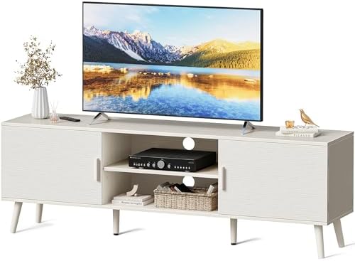 SUPERJARE TV Stand for 55 Inch TV, Entertainment Center with Adjustable Shelf, 2 Cabinets, TV Console Table, Media Console, Solid Wood Feet, Cord Holes, for Living Room, Bedroom, White by SUPERJARE