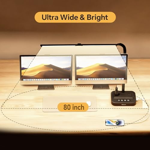 LED Desk Lamp for Home Office: Desk Light Double Head Adjustable with Power Strip 2 AC Outlets, USB-C USB-A Charging Ports Surge Protection, Foldable Table Lamp for College Dorm Room Essentials - Image 4
