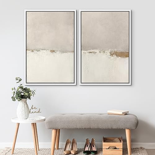 SIGNWIN Framed Canvas Print Wall Art Beige Gray Paint Strokes Abstract Grunge Landscape Prints Modern Art Minimalist Neutral Decor for Living Room, Bedroom, Office - 24"" x36 x2 White by SIGNWIN