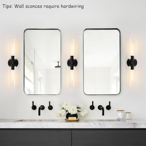 Wall Sconces Set of Two, Hardwired Matte Black Bathroom Sconces Wall Lighting with Clear Glass, Modern Sconces Wall Decor Set of 2 Bathroom Light Fixtures for Mirror Hallway (Bulbs Not Included) - Image 7