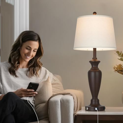 Cinyirong 30" Tall Metal Table Lamps Set of 2, Touch Control Bedside Lamps for Bedroom Nightstand, 3-Way Dimmable Farmhouse Lamp for Living Room with Charging Ports, Brown (2 LED Bulbs Included) - Image 4