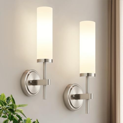 [Hardwired] Wall Sconces Set of Two, Brushed Nickel Bathroom Sconces with Milky White Glass, Modern Wall Light Fixtures for Bathroom Mirror Vanity, Living Room, Hallway, Stairway, Cabinet, Foyer by Bathroomlightfixtures
