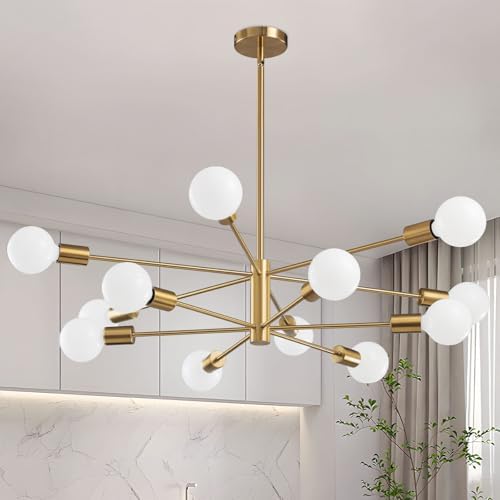 RUIYEY Modern Sputnik Chandeliers Light, 12-Light Gold Gold Dining Room Chandelier Over Table, Height Adjustable Industrial Semi Flush Mount Mid Century Chandelier for Kitchen Island Living Room by RUIYEY