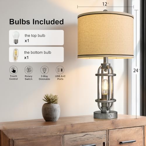 G-SAFAVA 23.75'' Table Lamps Set of 2 for Living Room Bedroom Industrial Farmhouse Metal Touch Lamps with USB A+C Ports, Night Light Vintage Nightstand Bedside Lamp, Bulbs Included, Antique Silver - Image 4