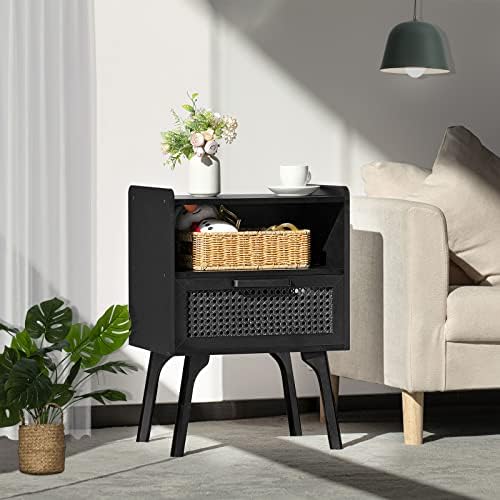 Lerliuo Rattan Nightstands Set of 2, Boho Side Table with Drawer Open Shelf - Image 4