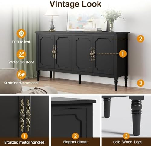 RoyalCraft Buffet Cabinet with Storage, 59" Vintage Sideboard with Adjustable Shelves, Mid Century Modern Painted Credenza Coffee Bar for Kitchen, Dining Room, Entryway, Living Room, Satin Black - Image 6