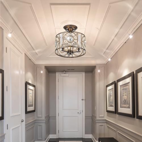 Vintage Crystal Drum Chandelier, 3-Lights Bronze Finish Retro Chandelier Lighting Fixtures, Semi Flush Mount Ceiling Light for Dining Room Living Room Bedroom Entryway Etc. - Image 2