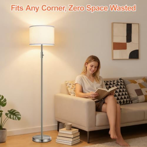 Floor Lamp Simple Design with White Shade, Small Tall Lamps for Living Room Bedroom Office Dining Room Kitchen, Sliver Pole Lamp-Sliver - Image 7