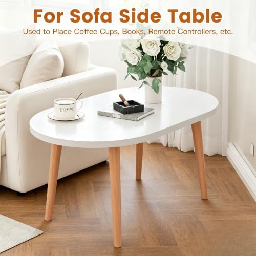 Small Coffee Table, Low Table with Solid Wood Legs, 23.6" Mini Oval Accent Table Side End Table, Floor Table Desk for Sitting on The Floor, Coffee Tea Table for Living Room, Dorm, Apartment, White - Image 3