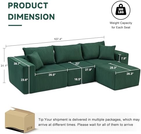 Weture 107.4" Modular Bnoeless Couch, Convertible Sectional Couch, Beige - Image 3