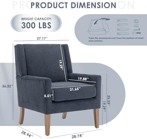 COLAMY Modern Wingback Living Room Chair, Upholstered Fabric Accent Armchair, Single Sofa Chair with Lounge Seat and Wood Legs for Bedroom/Office/Reading Spaces, Blue - Image 2