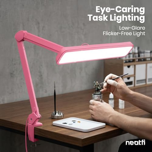 Neatfi XL 2,500 Lumens 30W LED Task Lamp for Manicure Table, Crafts, Workbench, Office – 22” Wide Shade Desk Light | Eye-Caring 6500K | 4-Level Brightness (Pink, Non-CCT with Clamp) - Image 3