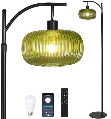 Dark Green Glass Floor Lamp for Living Room, Modern Standing Lamp for Bedroom, Dimmable Tall Lamp with Shade, Remote,12W LED Bulb Included by DONDDA