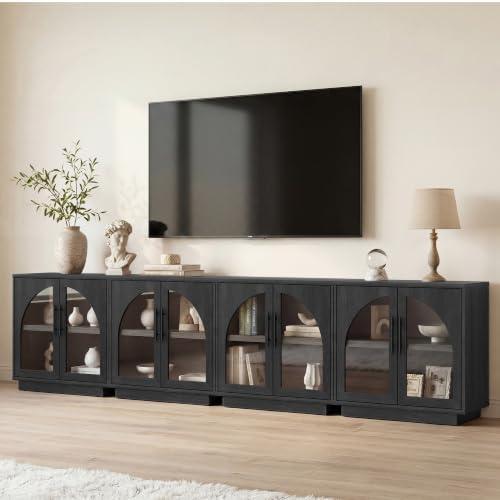 Fatmok Arched Glass Sideboard Buffet Accent Cabinet, 31.5" Display Credenza with Adjustable Shelf,4-Piece Modular Coffee Station Storage for Kitchen Living Room Bedroom, Black Grey by Fatmok