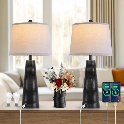 Terpsichore Nightstand Lamp Bedside Lamps Set of 2 Desk Lamp Vintage Rustic Farmhouse Table Lamp 3 Way Dimmable Light,Bulb*2,USB A+C Port (Black with Gold, High 27 Inch) by Terpsichore