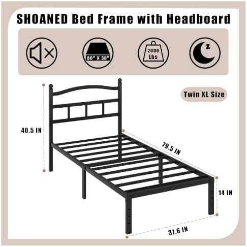 SHOANED Metal Bed Frame with Headboard - 14 Inch Twin XL Size Heavy Duty Bedframe Black Basic Steel Slats Platform No Box Spring Needed/Easy Assembly/Noise Free - Image 2