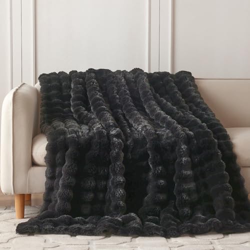 COOVA Soft Bubble Faux Fur Throw Blanket, 60"x80", Black - Image 2