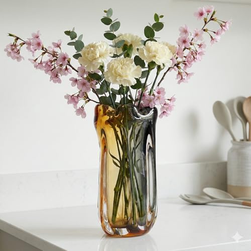 Large Hand Blown Glass Flower vases, Unique Amber Glass vases, Murano Style Wide Mouth vases, Modern Art Decor for Home Living Room, Office, Table centerpieces, Bookshelves and Wedding Decorations - Image 2
