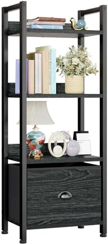 Furologee 4 Tier Bookshelf with Drawer, Small Narrow Bookcase, Wood and Metal Standing Shelf Unit, Industrial Display Storage Shelves Organizer for Bedroom, Living Room, Entryway, Black by Furologee